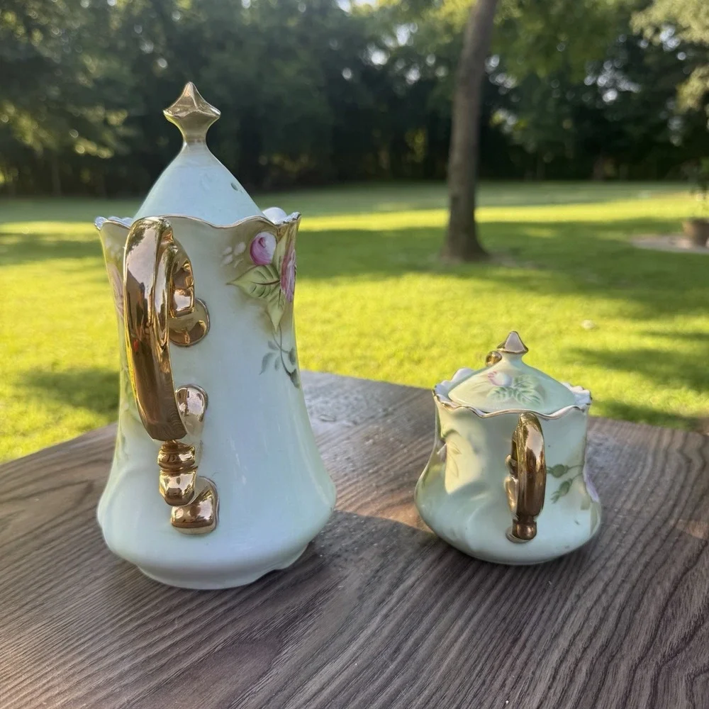 Vintage LEFTON Green Heritage Pink Rose Teapot 3065 Sugar Bowl 05851 2 Piece Set